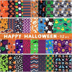 Halloween Fabric Pack 32 Pcs 10x10 Inches Bat Pumpkin Ghost Skull Polyester